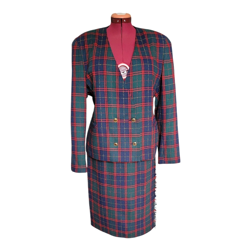 2pc Vintage 90s Y2K Red and Green Plaid Women's Blazer Skirt